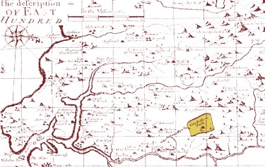 1650 map showing "Carybullock" Park - north lies to right of map